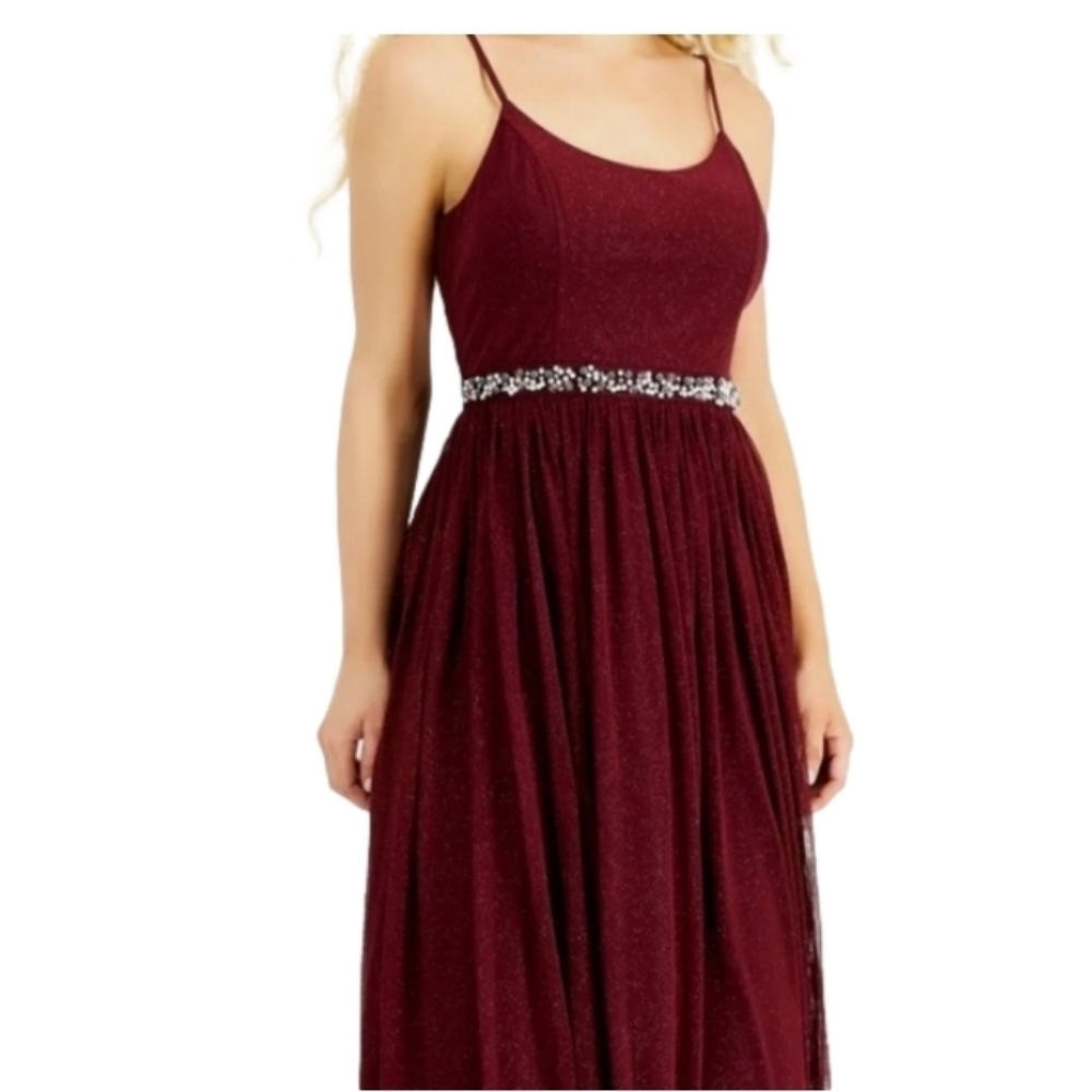 SPEECHLESS Burgundy Glitter Sheer Evening Gown Size 9 Beaded Flowing Faux pearl - Picture 3 of 17
